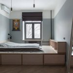 The bed in the room in the style of minimalism