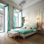 Blød seng i hvid og turkis soveværelse