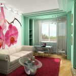 Delicate room with orchids with a soft light sofa