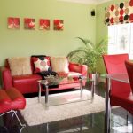 We combine red upholstered furniture with light green