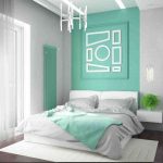 Makuuhuone moderniin tyyliin valkoinen ja minttu sävyjä