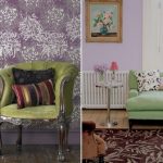 Yumuşak lila duvarlı oturma odası için yeşil mobilya