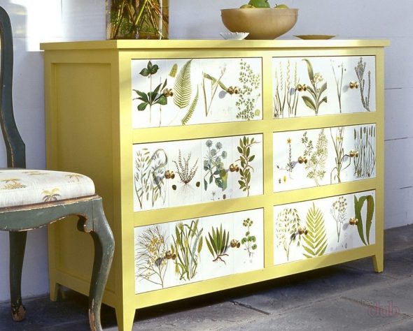 Yellow chest of drawers with elements of decoupage