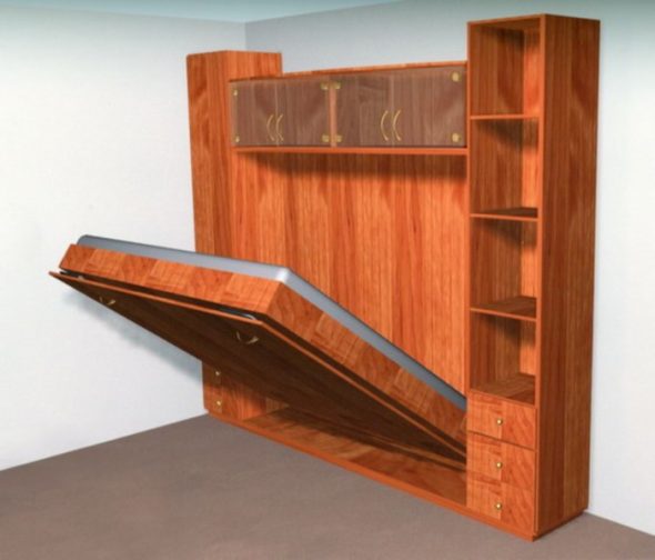 Katil terbina dalam almari pakaian diperbuat daripada kayu