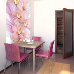 Bright accent in the interior - photo wallpaper on the wall and bright furniture in the dining area