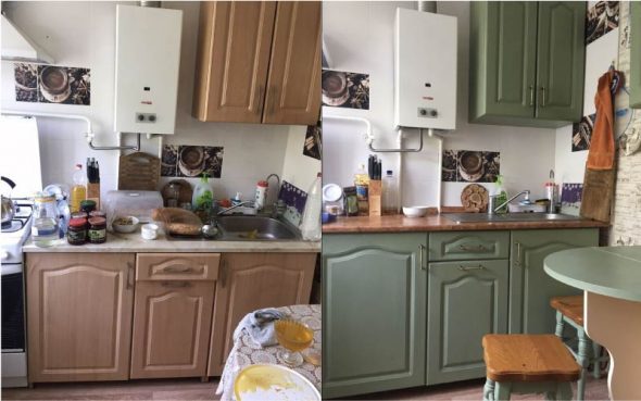 Photo of the kitchen before and after restoration