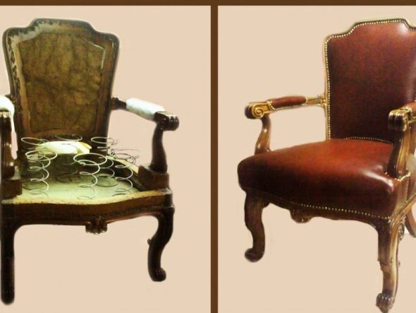 Antikvariniai kėdės prieš ir po remonto