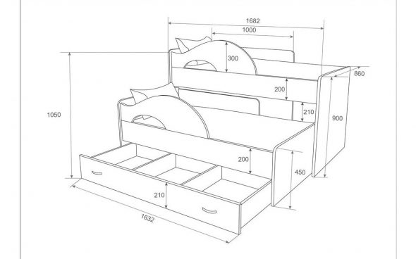 Drawing of a two-story pullout bed
