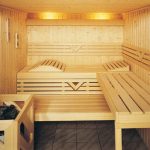 Wooden benches and shelves in the steam room