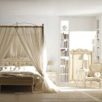 White bedroom design na may classic canopy