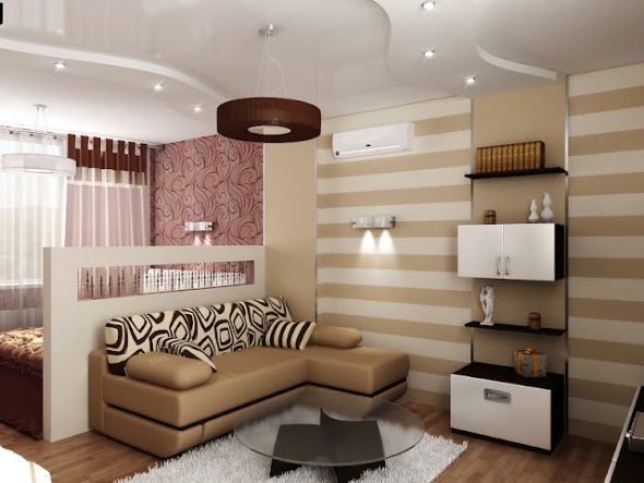 Living room-bedroom gamit ang iba't ibang mga wallpaper