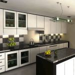 White and black kitchen with tall wall cabinets