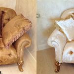 Large elegant chair before and after upholstery at home