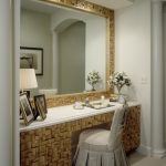 Large mirror and built-in table with wicker decoration
