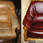 Brun läderstol före och efter midjan