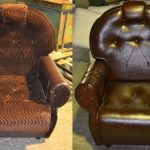 Fotel w kolorze brązowym przed i po tapicerce