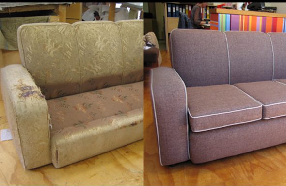 Upholstered sofa before and after the replacement of upholstery