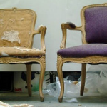 Polstret stol före och efter restaurering