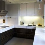 Fitted kitchen with high cabinets U-shaped layout