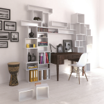 Decorative shelving with shelves of different sizes above an unusual desk