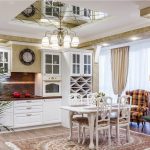 Kitchen-dining room in a classic style with a mirror ceiling