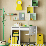Unusual shelves of various shapes above the table to decorate the nursery