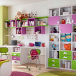 Multi-colored shelves and racks above the table for the student