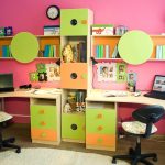 Bright children's room with a set of furniture - tables, shelves and shelves