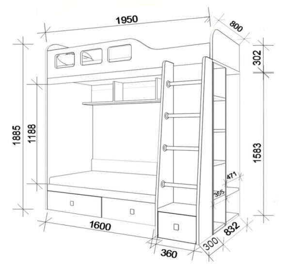 Drawing of an ordinary bunk bed