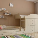 Bunk bed with offset beds from laminated chipboard