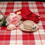 Checkered white and red tablecloth