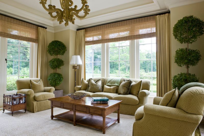 Rolled bamboo curtains in the living room interior