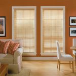 Wooden curtains in the living room window openings