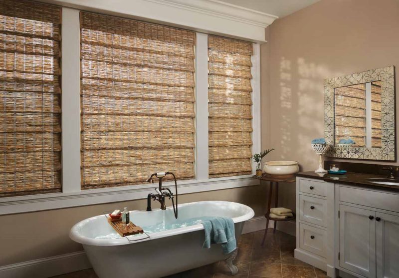 Bathroom interior with bamboo curtains