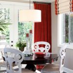 Beige maroon curtains in the bright dining room
