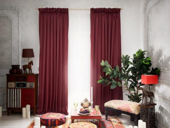 Burgundy curtains for different styles