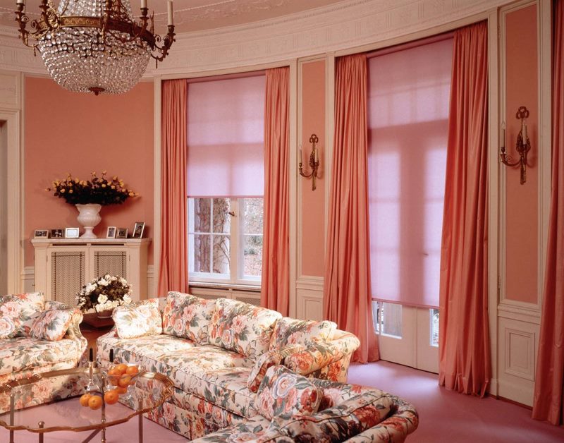 غرفة معيشة ذات طراز كلاسيكي مع ستائر رول على النوافذ