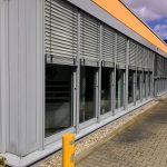 Modular building with security shutters on the windows