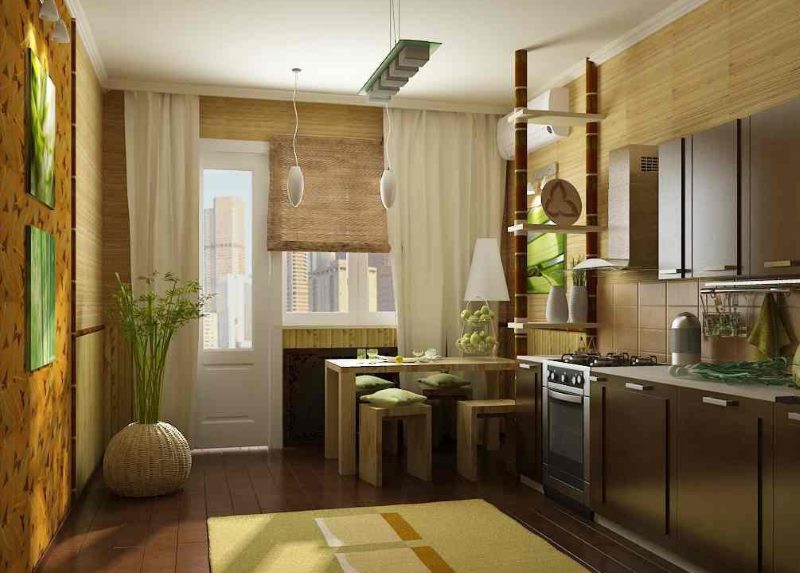 Kitchen design with bamboo curtains on the window