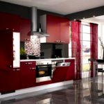 Light maroon curtains to the spacious kitchen