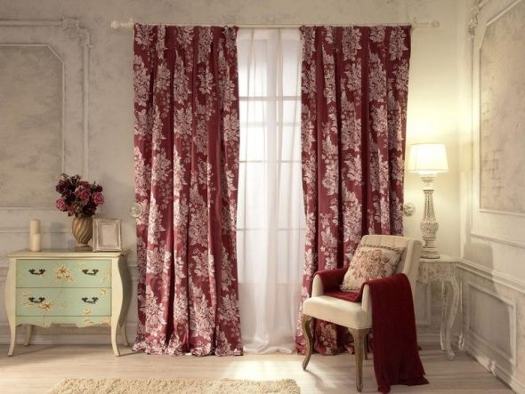 Burgundy curtains with white pattern for the living room