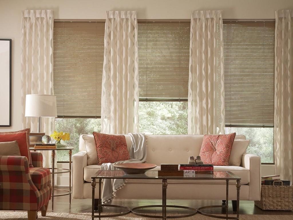 Interior living room with roller blinds on the windows