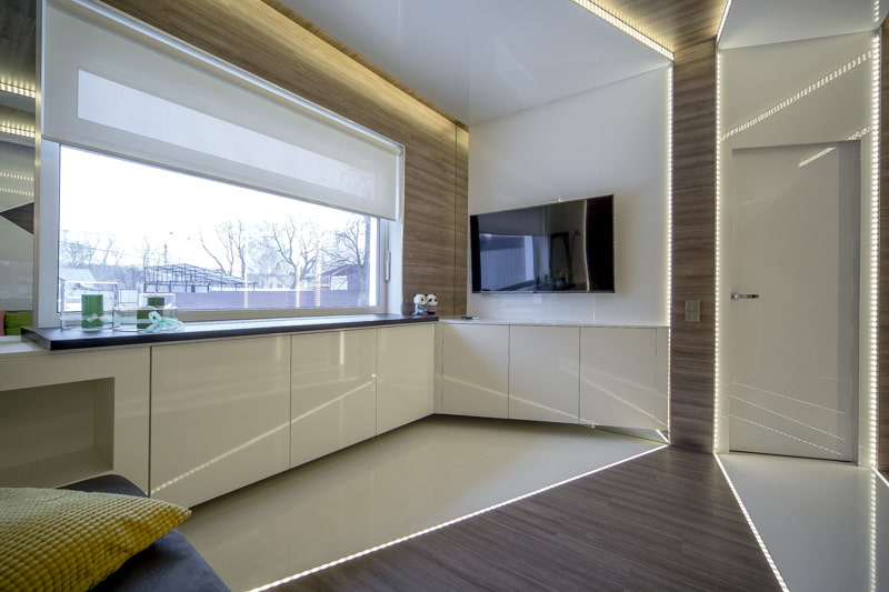 Modern kitchen design with roller blinds