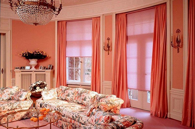 The interior of the living room in pink shades