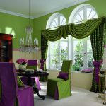 La combinaison de vert et de violet dans la salle à manger en textile