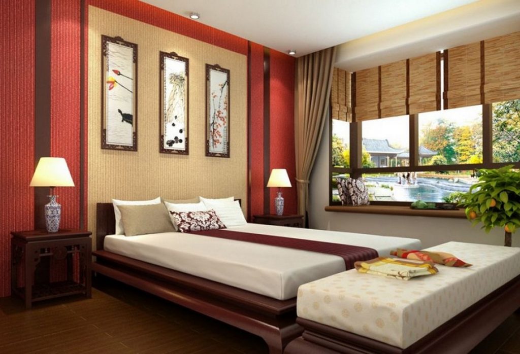 Bamboe gordijnen in de slaapkamer in Chinese stijl