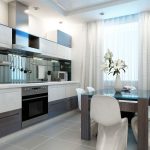Light curtains complement the interior of the kitchen in light brown colors