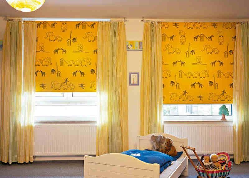 Yellow curtains in the interior of the children's room