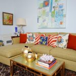 Set of bright decorative pillows on the sofa