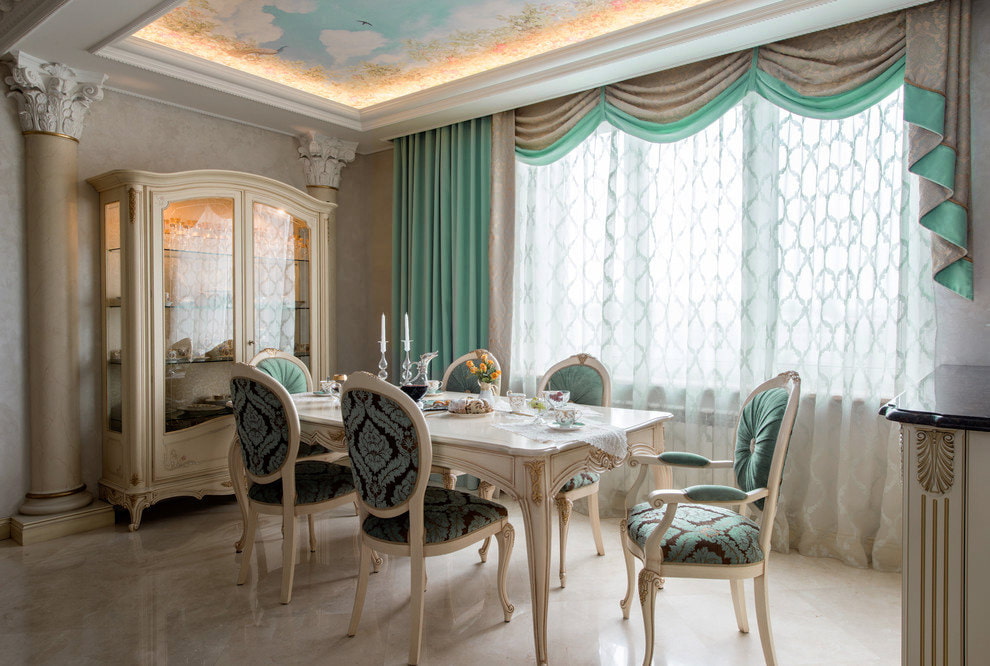 Classic interior with beige-turquoise curtains